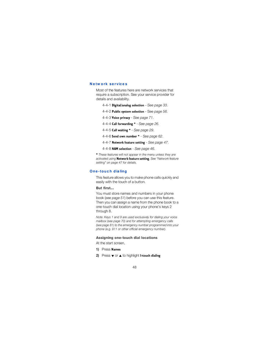 Nokia 6120 owner manual Network services, One-touch dialing, But first, Assigning one-touch dial locations 