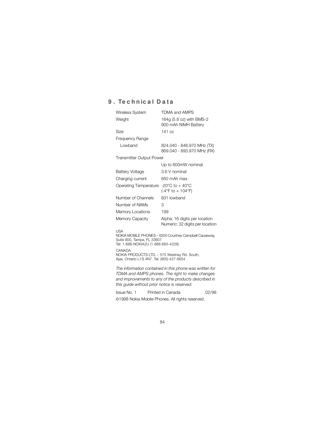 Nokia 6120 owner manual Technical Data, 20C to + 40C, 4F to + 104F, Issue No 02/98 Nokia Mobile Phones. All rights reserved 