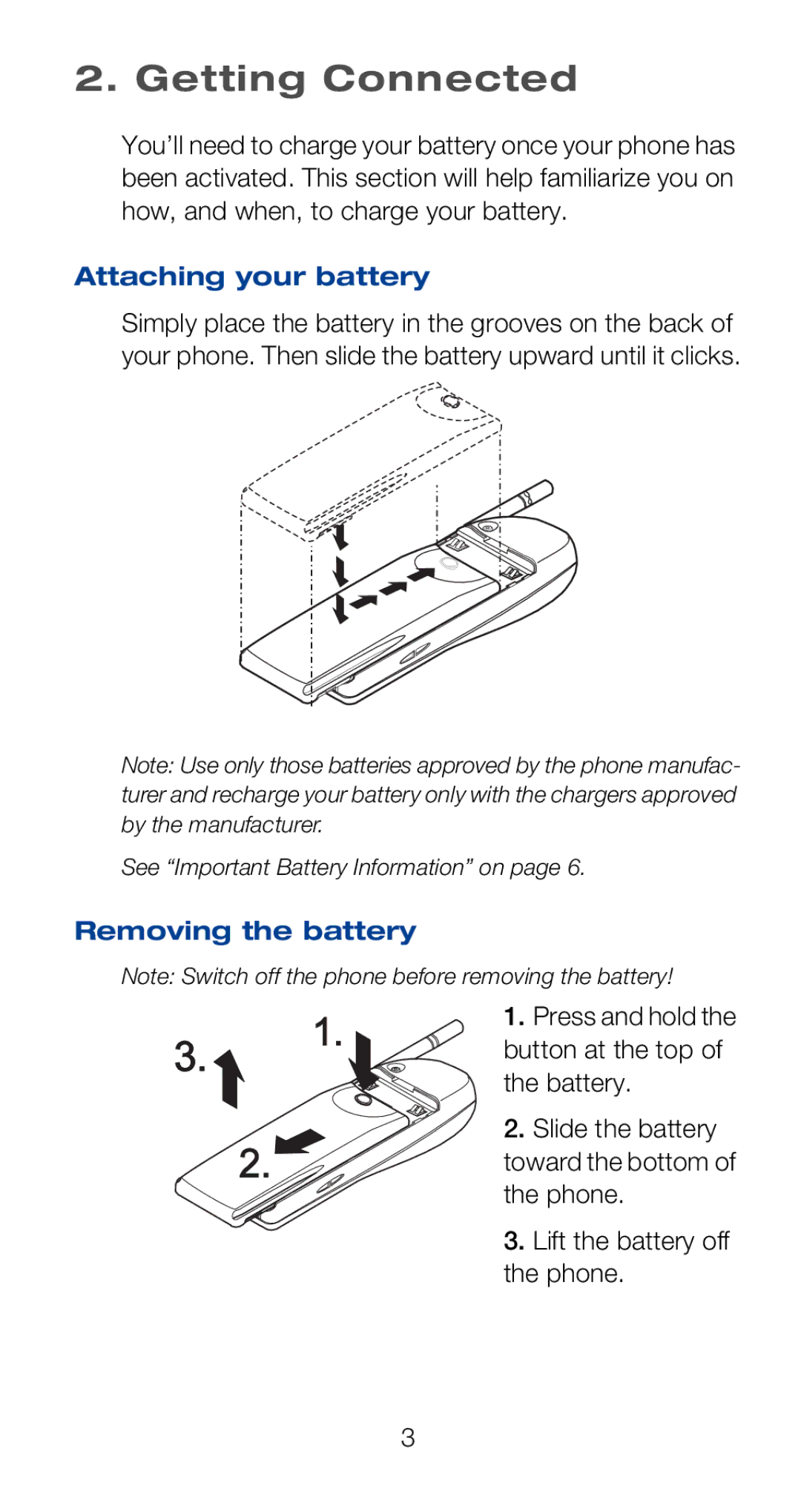 Nokia 6120i owner manual Getting Connected, Attaching your battery, Removing the battery 