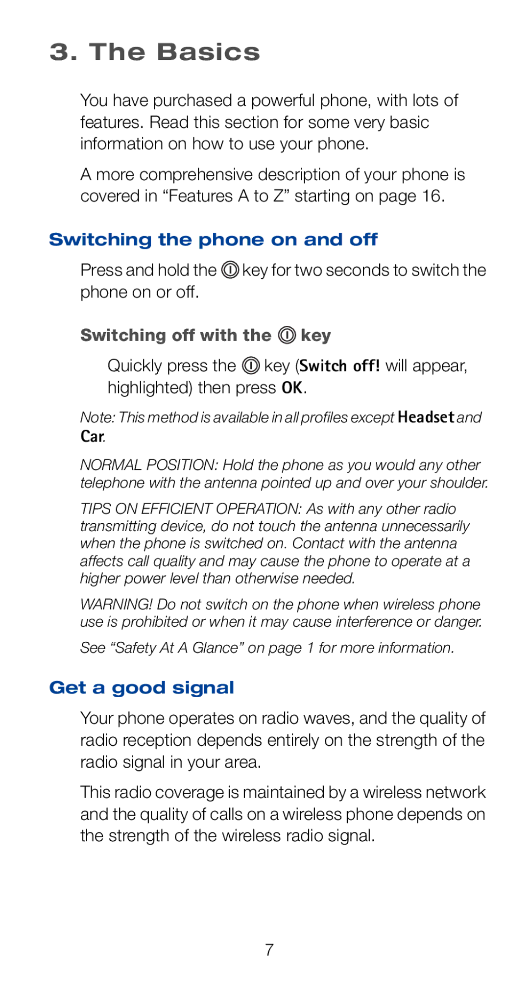 Nokia 6120i owner manual Basics, Switching the phone on and off, Switching off with the key, Car, Get a good signal 