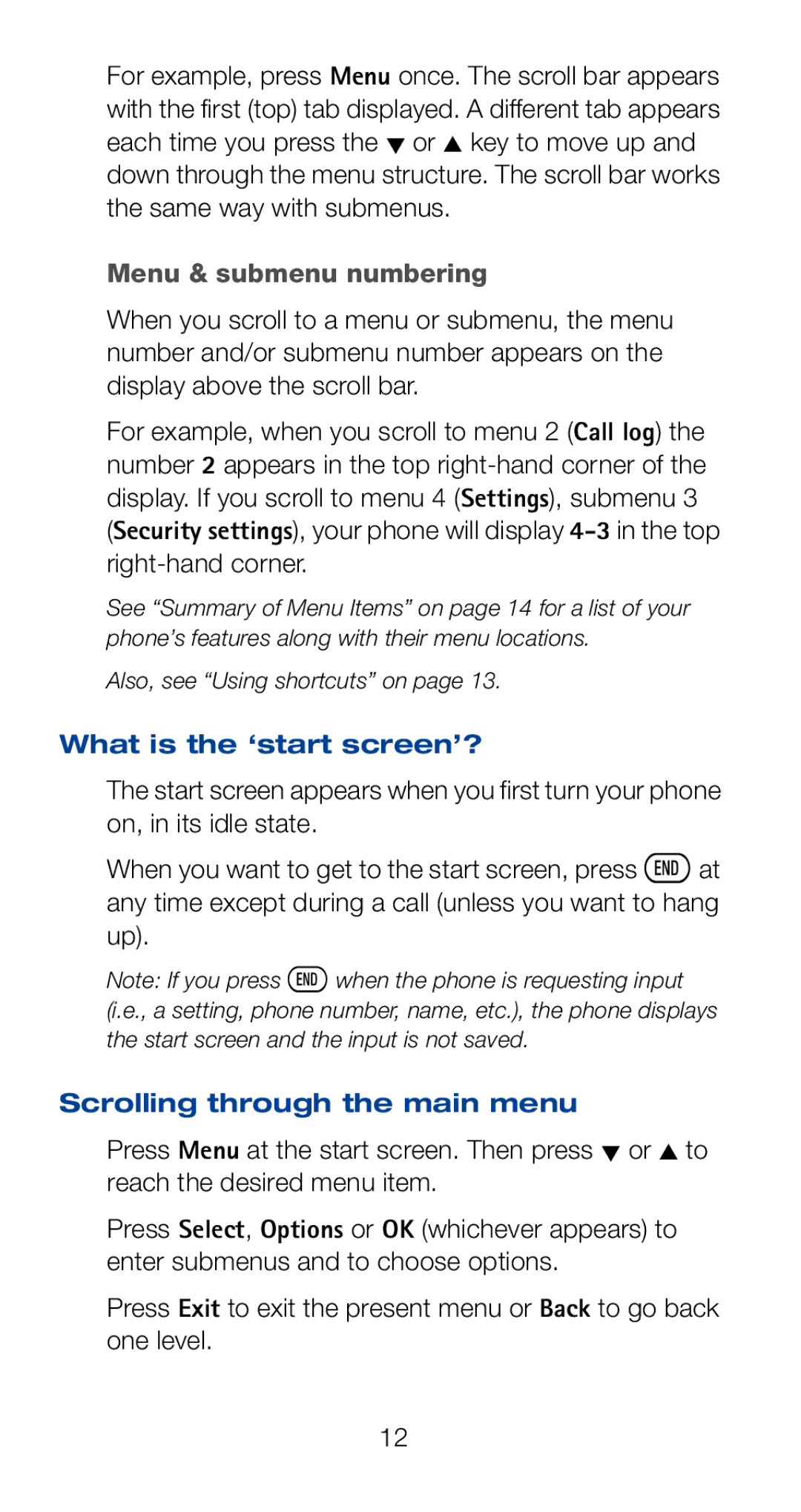 Nokia 6120i owner manual Menu & submenu numbering, What is the ‘start screen’?, Scrolling through the main menu 