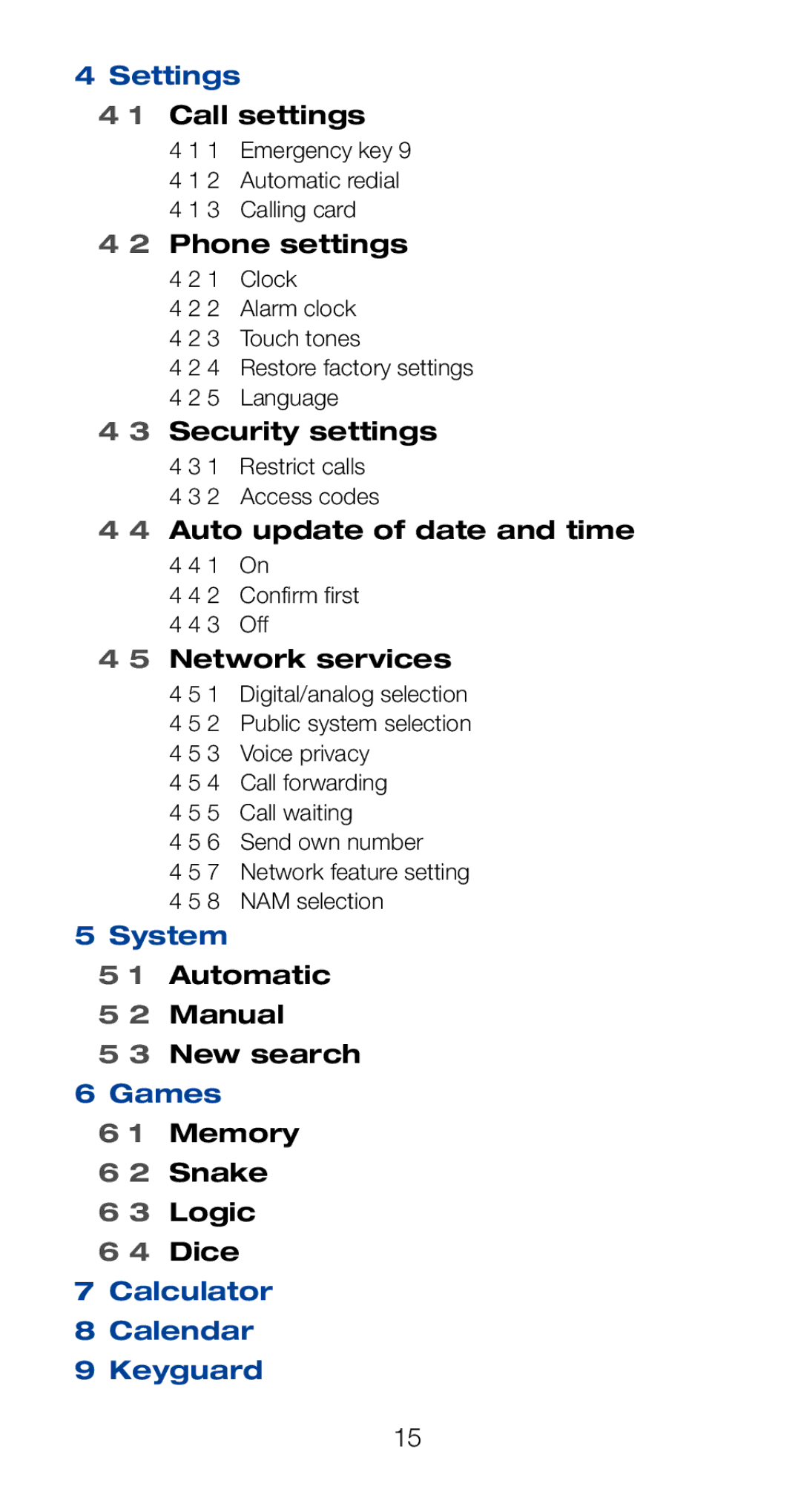 Nokia 6120i owner manual Settings, System, Games, Dice, Calculator Calendar Keyguard 