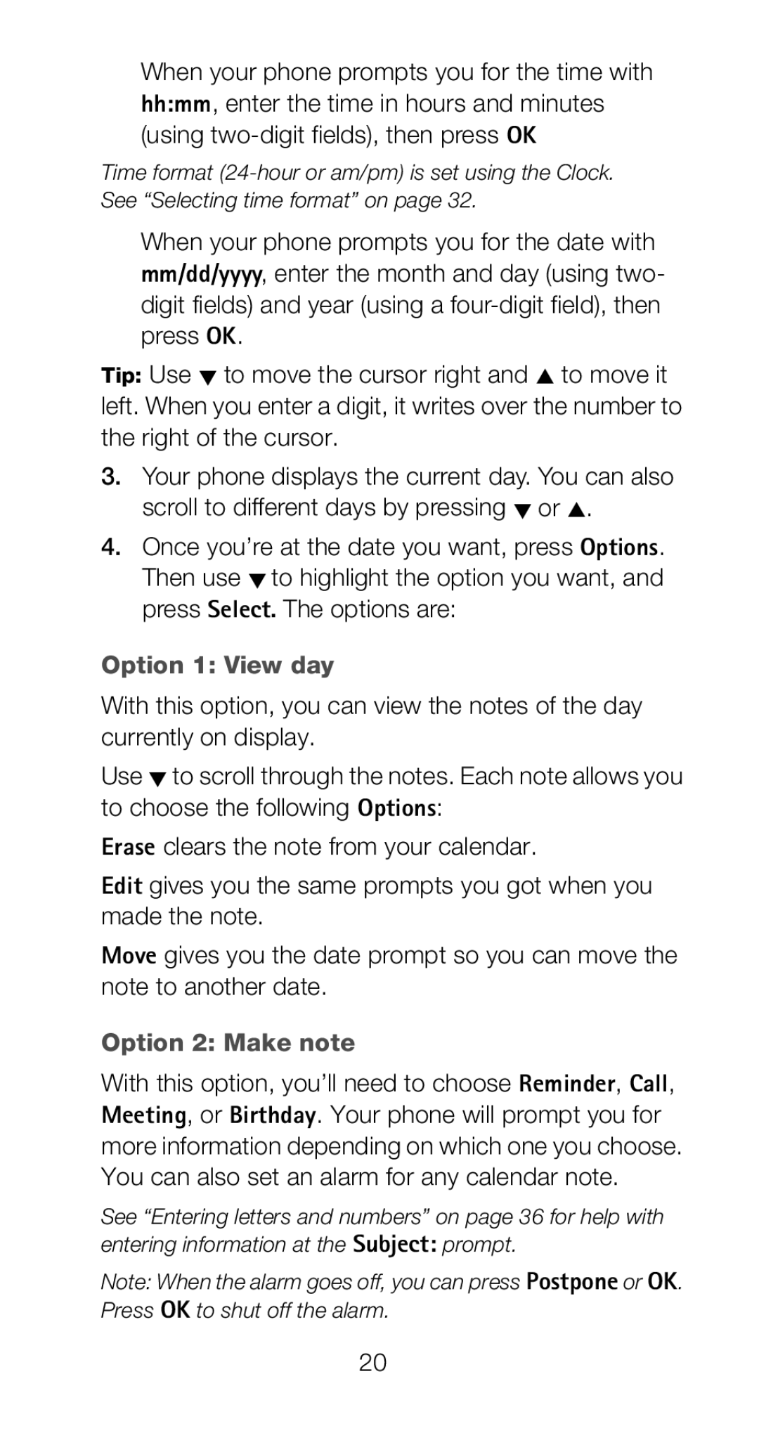 Nokia 6120i owner manual Option 1 View day, Option 2 Make note 