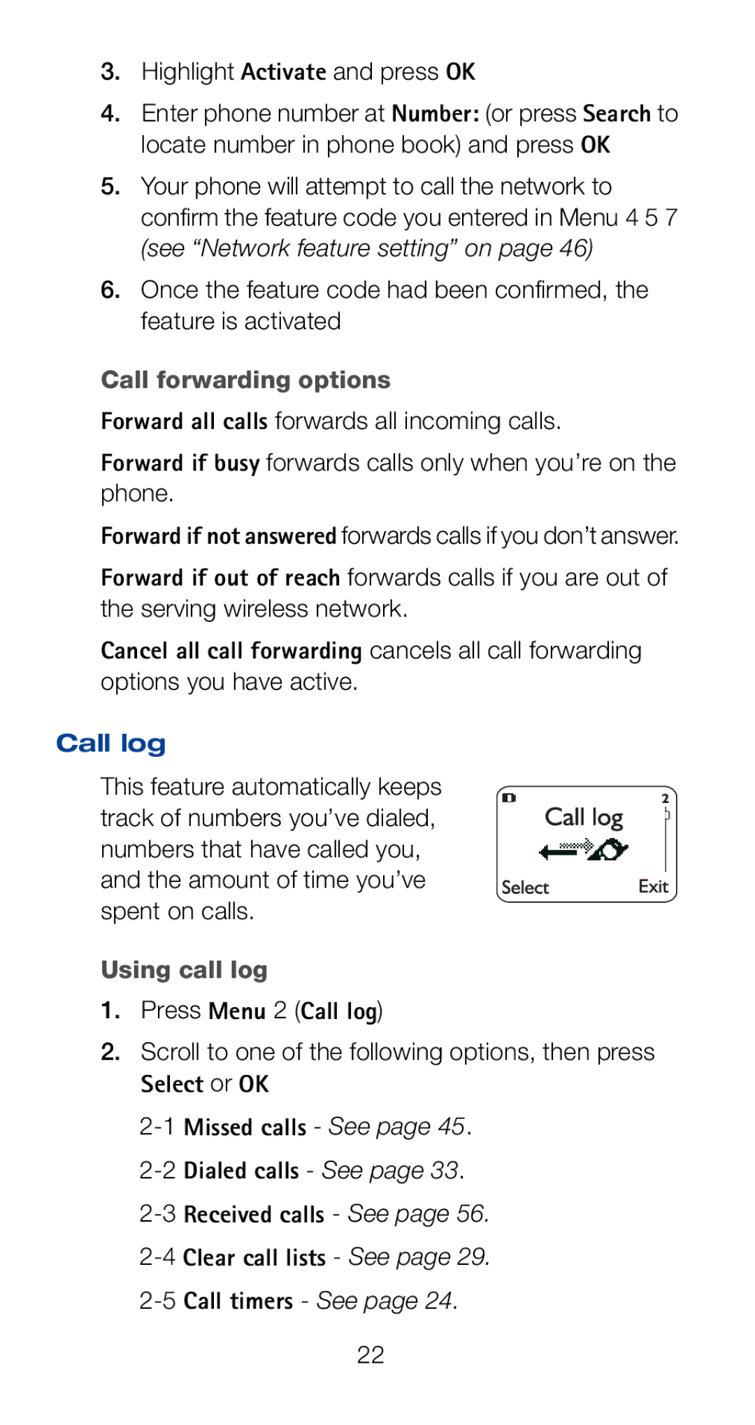 Nokia 6120i Call forwarding options, Using call log, Press Menu 2 Call log, 1Missed calls See 2Dialed calls See 