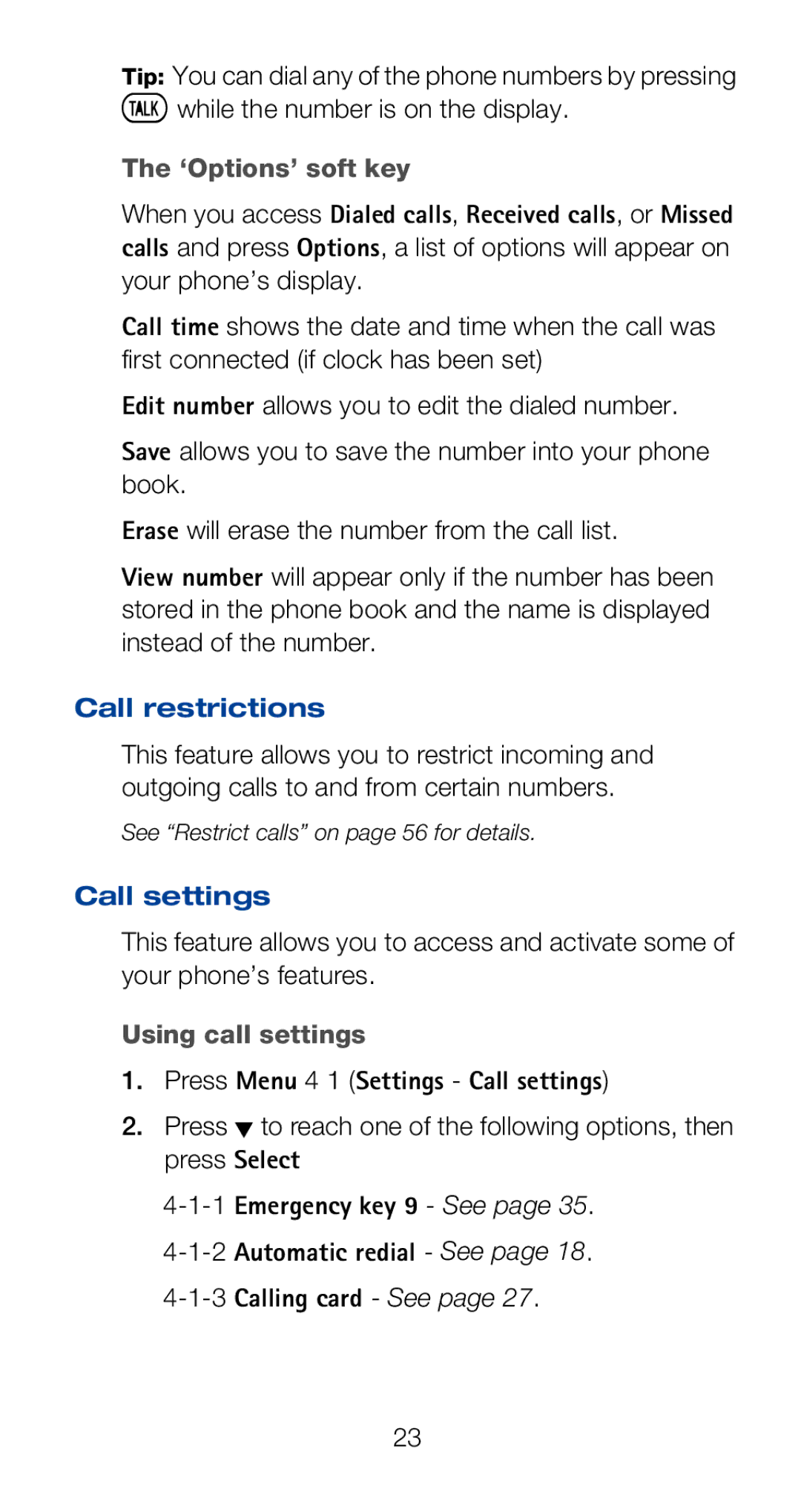 Nokia 6120i owner manual ‘Options’ soft key, Call restrictions, Call settings, Using call settings 