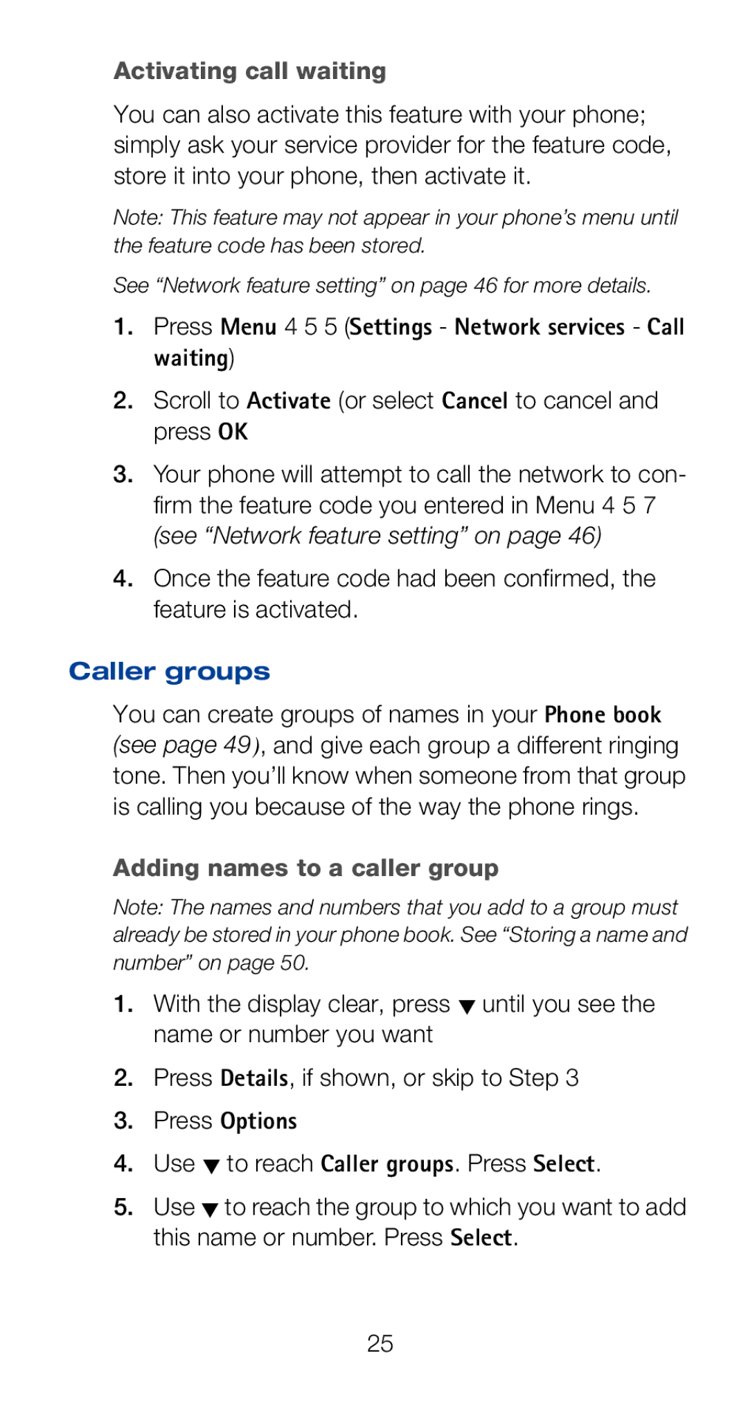 Nokia 6120i Activating call waiting, Press Menu 4 5 5 Settings Network services Call waiting, Caller groups, Press Options 