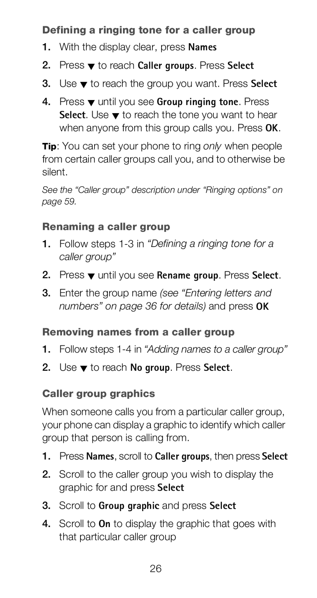 Nokia 6120i Defining a ringing tone for a caller group, Renaming a caller group, Removing names from a caller group 