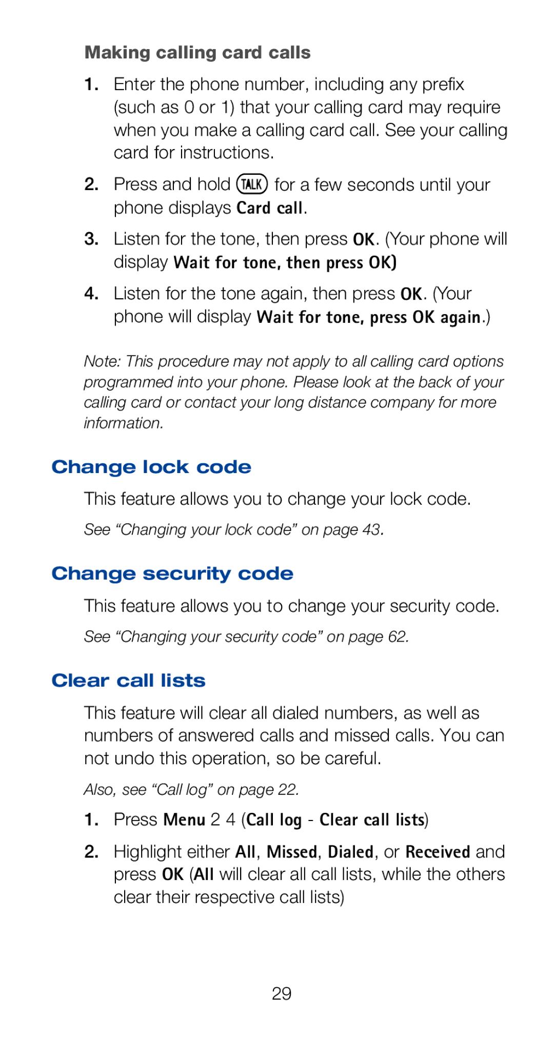 Nokia 6120i owner manual Making calling card calls, Change lock code, Change security code, Clear call lists 