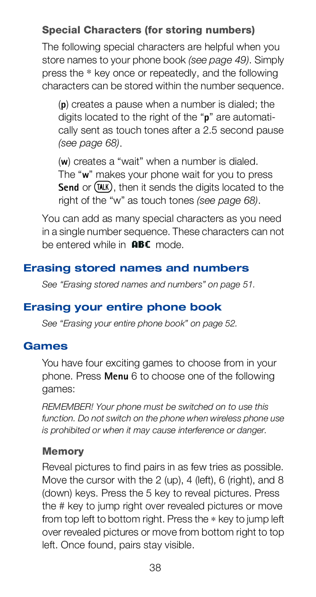 Nokia 6120i Special Characters for storing numbers, Erasing stored names and numbers, Erasing your entire phone book 