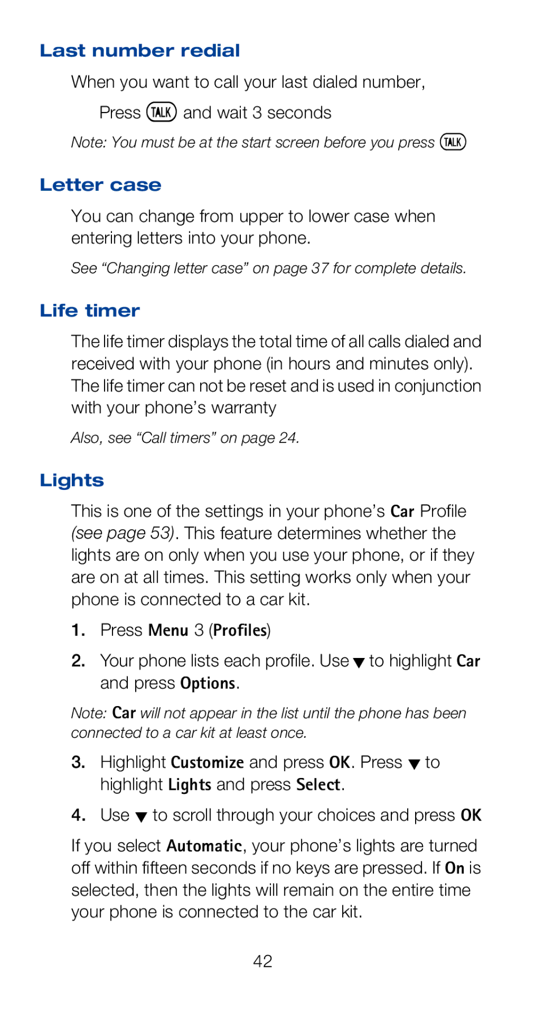 Nokia 6120i owner manual Last number redial, Letter case, Life timer, Lights 