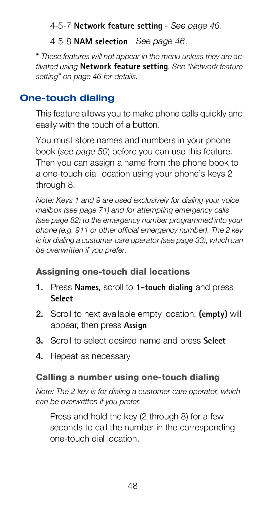 Nokia 6120i 7Network feature setting See 8NAM selection See, One-touch dialing, Assigning one-touch dial locations 