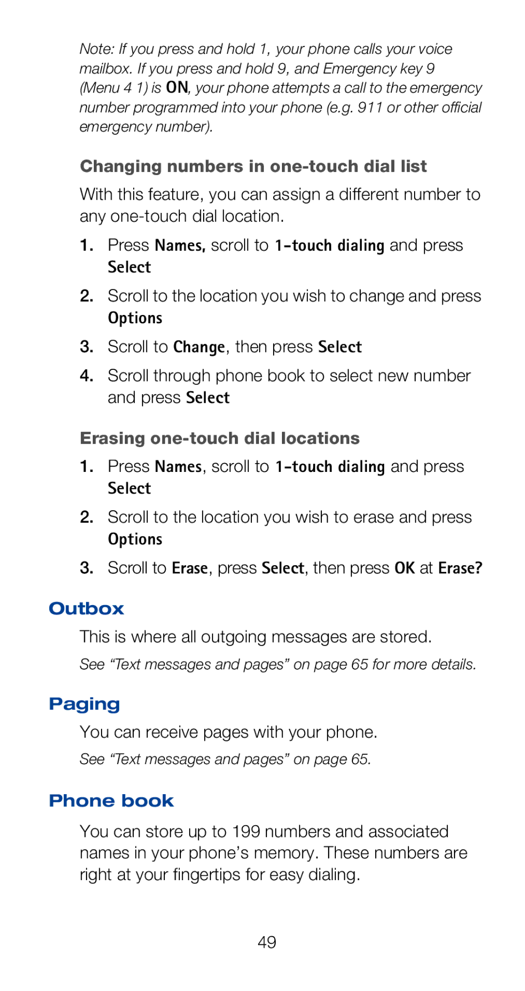 Nokia 6120i Changing numbers in one-touch dial list, Erasing one-touch dial locations, Outbox, Paging, Phone book 