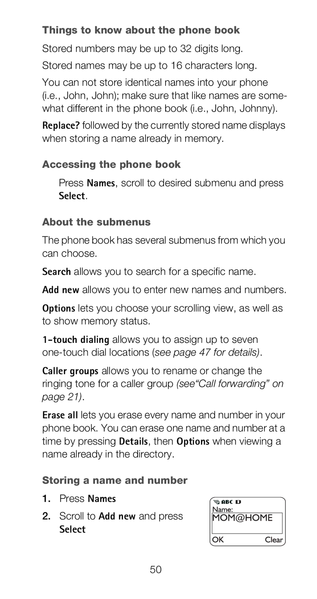 Nokia 6120i Things to know about the phone book, Accessing the phone book, About the submenus, Storing a name and number 