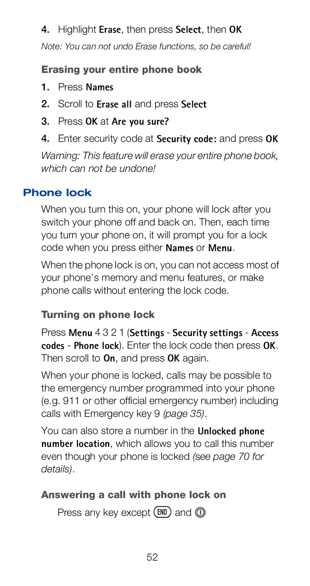 Nokia 6120i owner manual Erasing your entire phone book, Press OK at Are you sure?, Phone lock, Turning on phone lock 