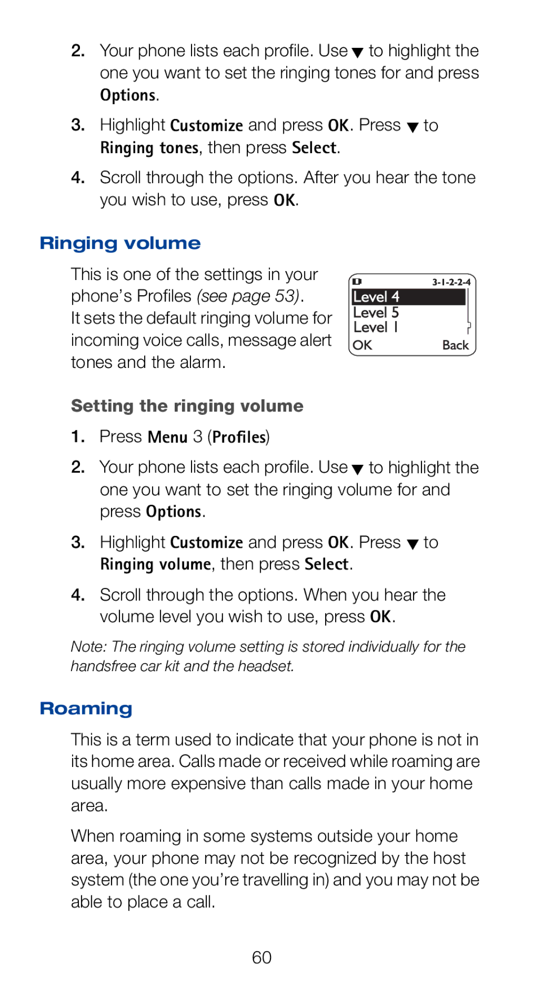 Nokia 6120i owner manual Ringing volume, Setting the ringing volume, Roaming 