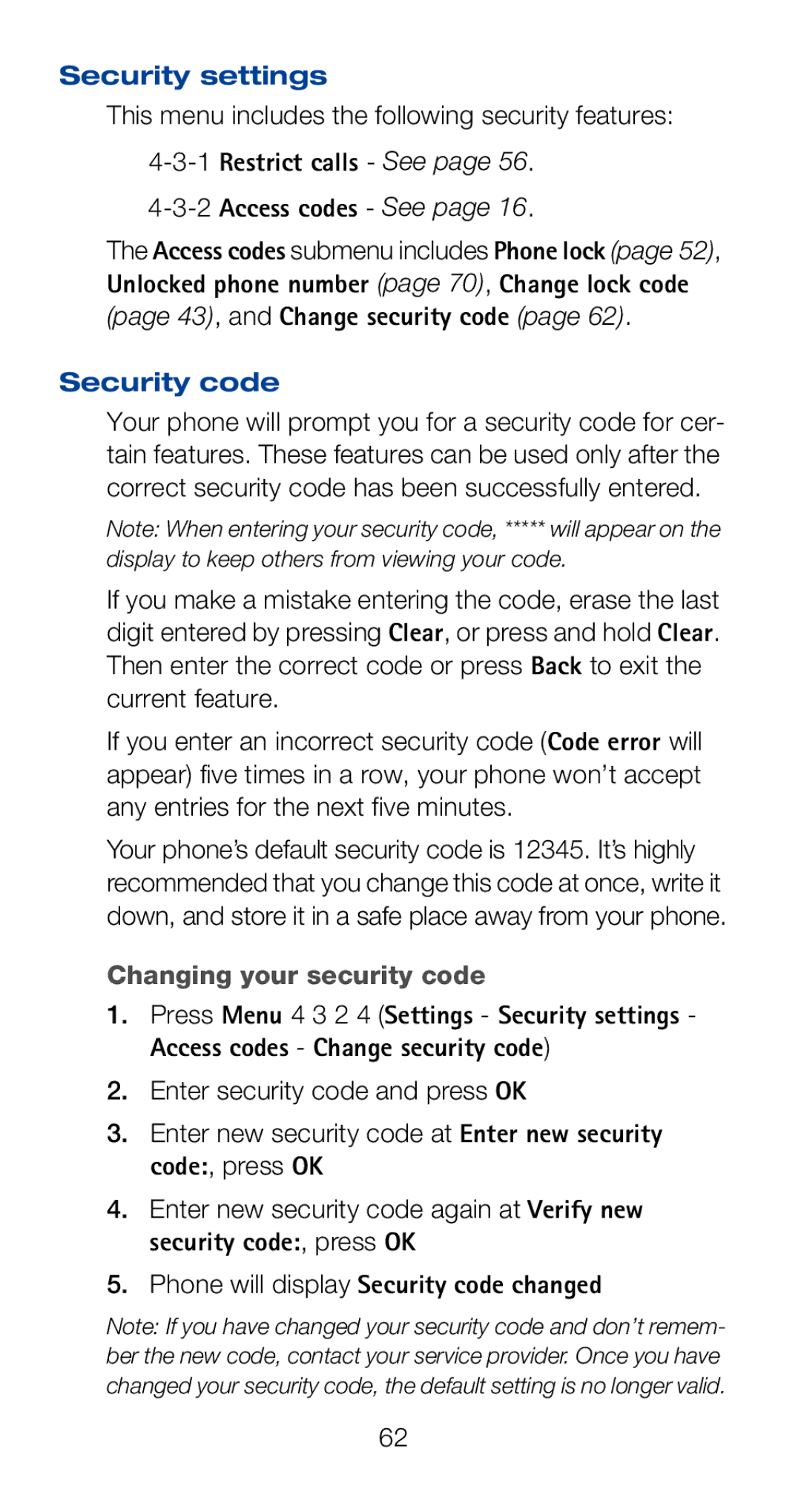 Nokia 6120i Security settings, 1Restrict calls See 2Access codes See, Security code, Changing your security code 