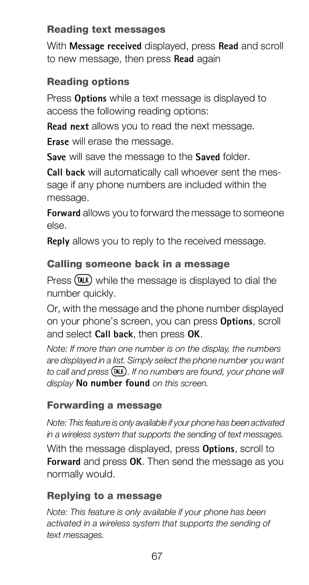 Nokia 6120i owner manual Reading text messages, Reading options, Calling someone back in a message, Forwarding a message 