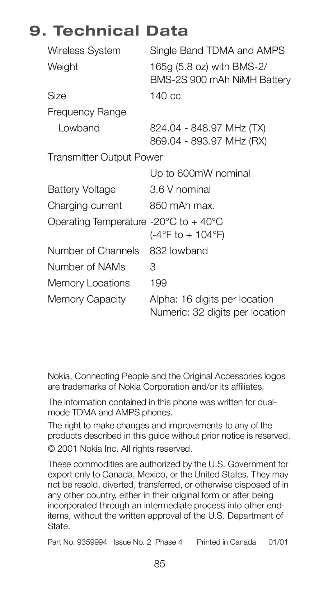 Nokia 6120i owner manual Technical Data 