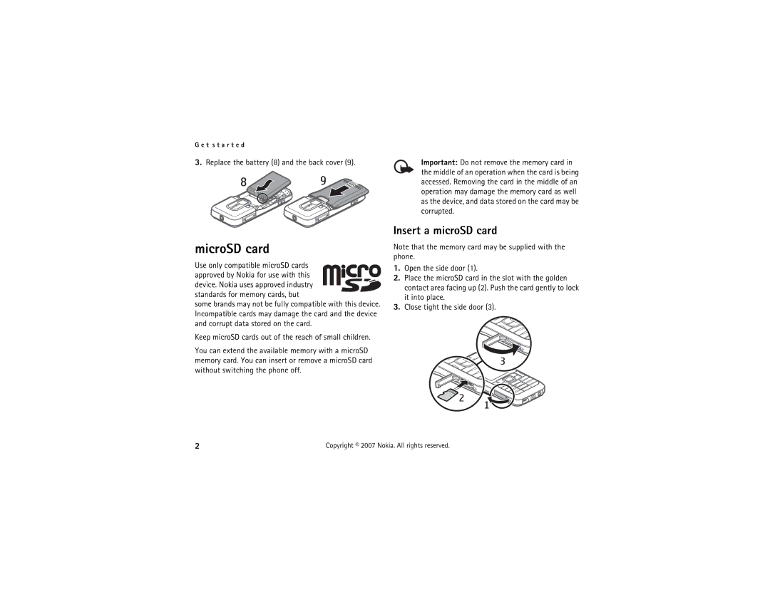 Nokia 6121 classic manual MicroSD card, Insert a microSD card, Replace the battery 8 and the back cover 