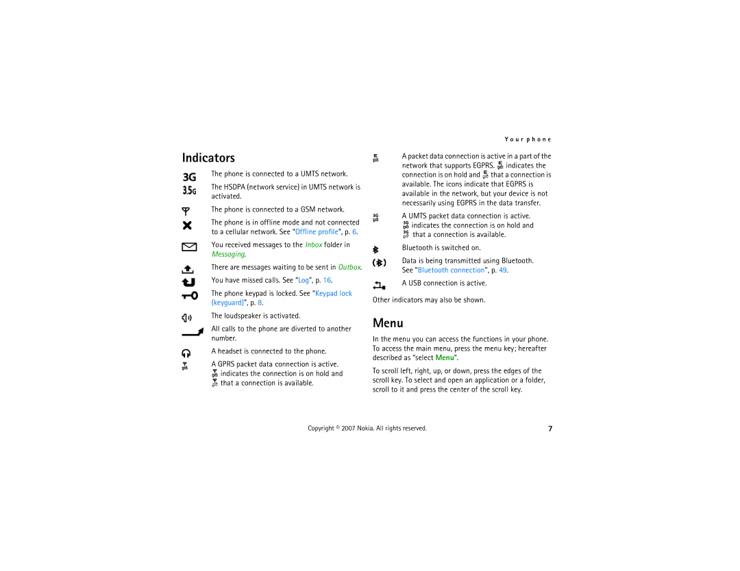 Nokia 6121 classic manual Indicators, Menu, USB connection is active Other indicators may also be shown 