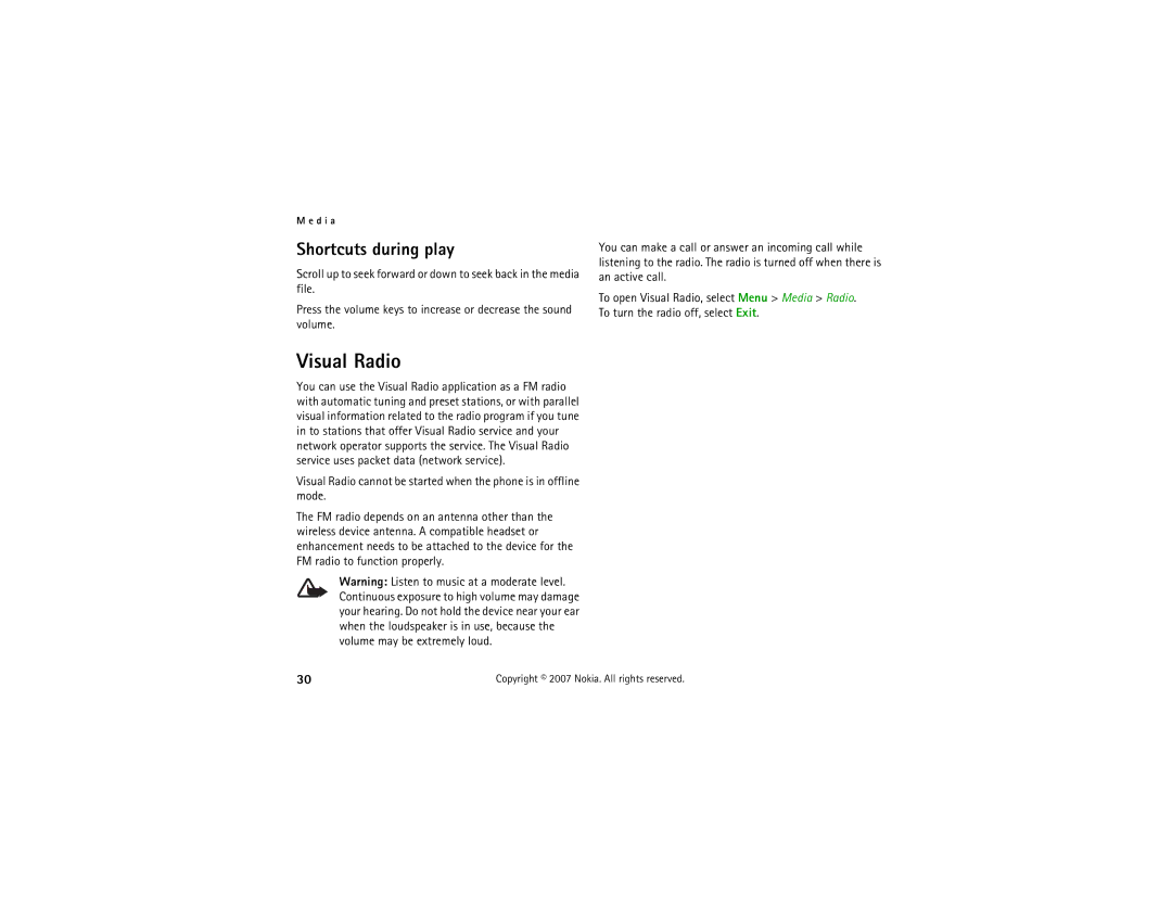 Nokia 6121 classic manual Visual Radio, Shortcuts during play 