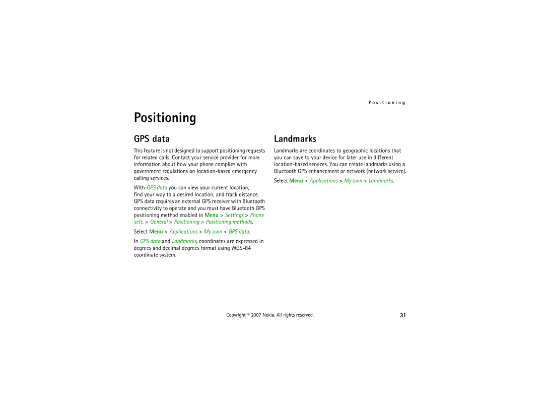 Nokia 6121 classic manual Positioning, Landmarks, Select Menu Applications My own GPS data 
