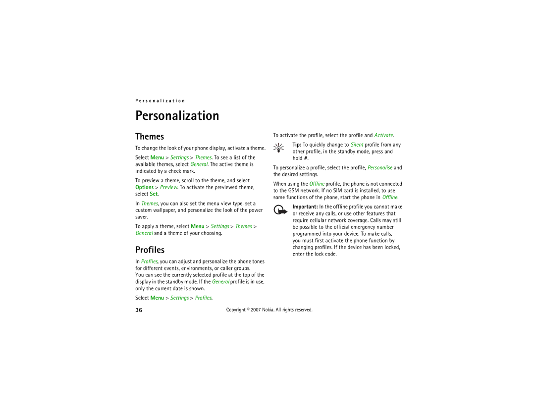 Nokia 6121 classic manual Personalization, Themes, Select Menu Settings Profiles 