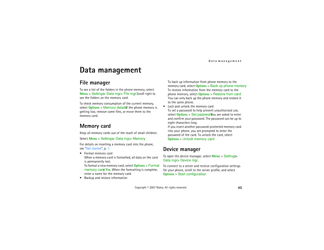 Nokia 6121 classic manual Data management, File manager, Memory card, Device manager, Select Menu Settings Data mgr. Memory 