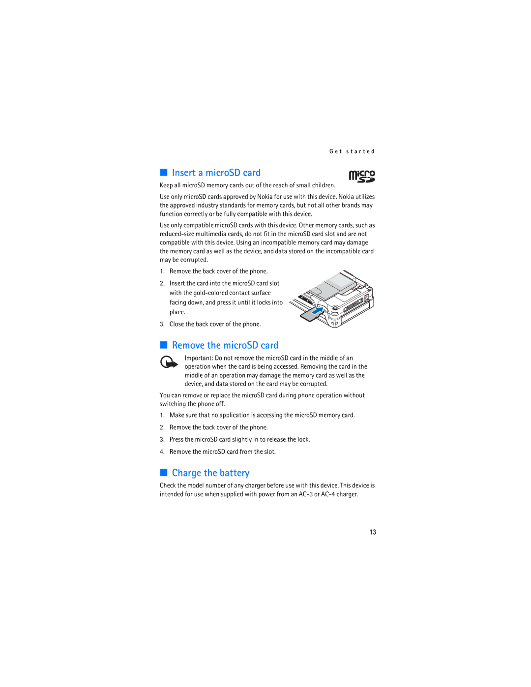 Nokia 6133b, 6126 manual Insert a microSD card, Remove the microSD card, Charge the battery 