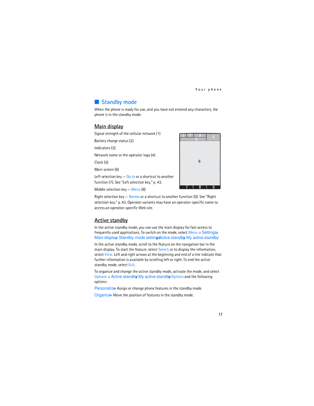 Nokia 6133b, 6126 manual Standby mode, Main display, Active standby 