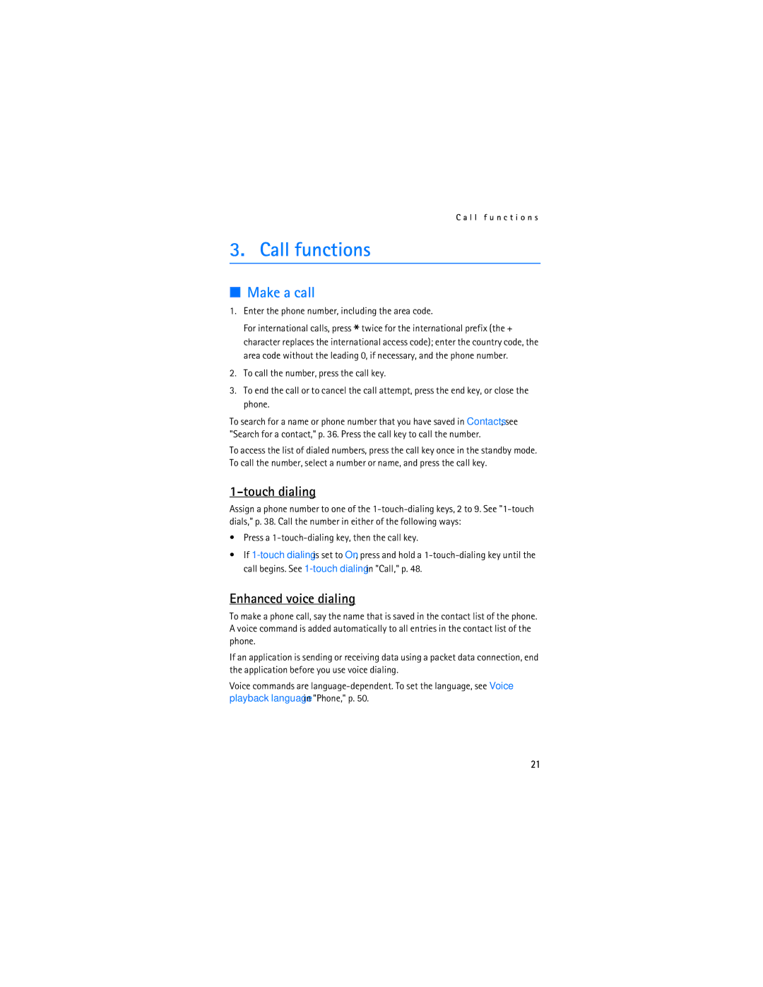 Nokia 6133b, 6126 manual Call functions, Make a call, Touch dialing, Enhanced voice dialing 