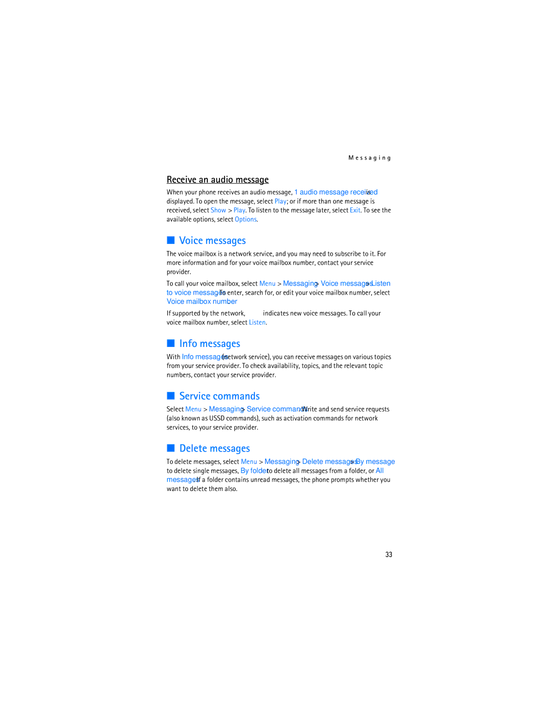 Nokia 6133b, 6126 manual Voice messages, Info messages, Service commands, Delete messages, Receive an audio message 