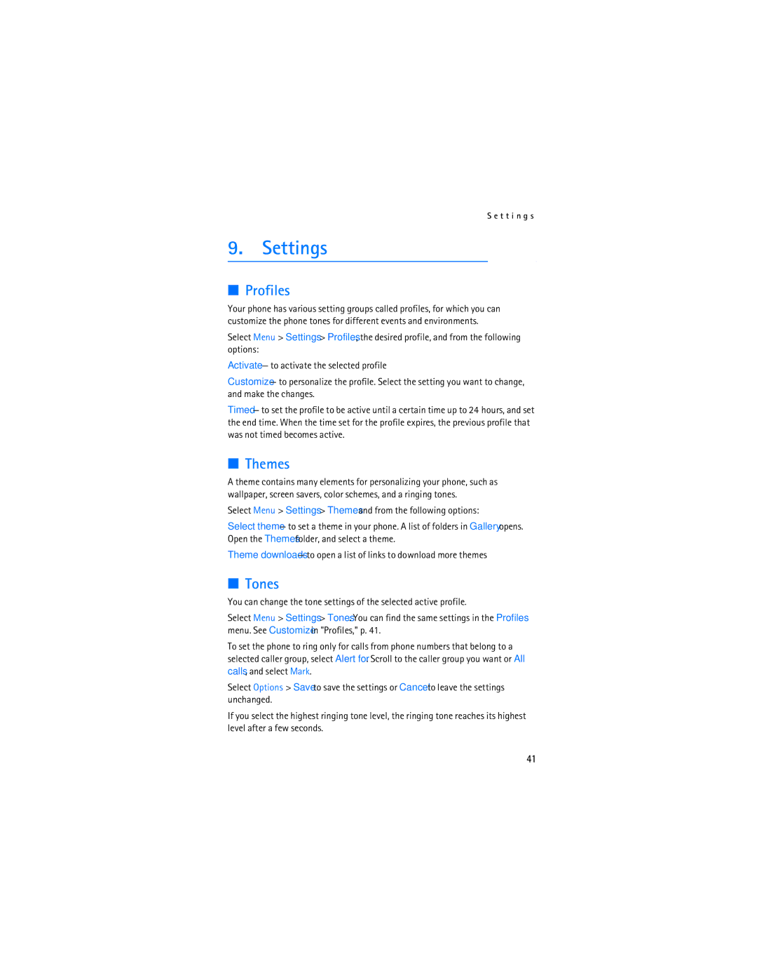 Nokia 6133b, 6126 manual Settings, Profiles, Themes, Tones 