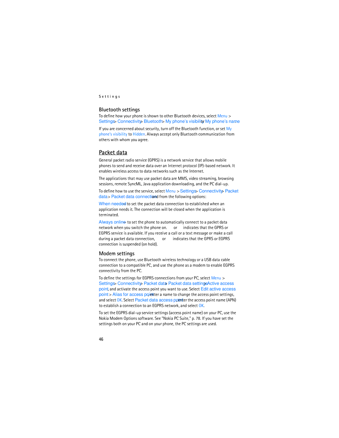 Nokia 6126, 6133b manual Packet data, Bluetooth settings 