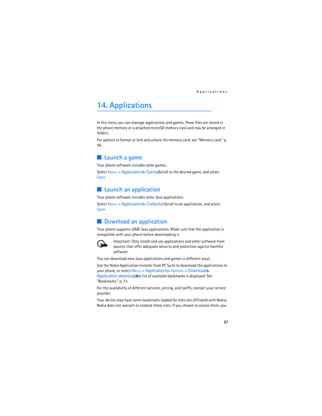 Nokia 6133b, 6126 manual Applications, Launch a game, Launch an application, Download an application 