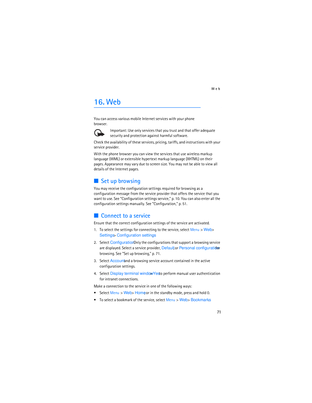 Nokia 6133b, 6126 manual Web, Set up browsing, Connect to a service 
