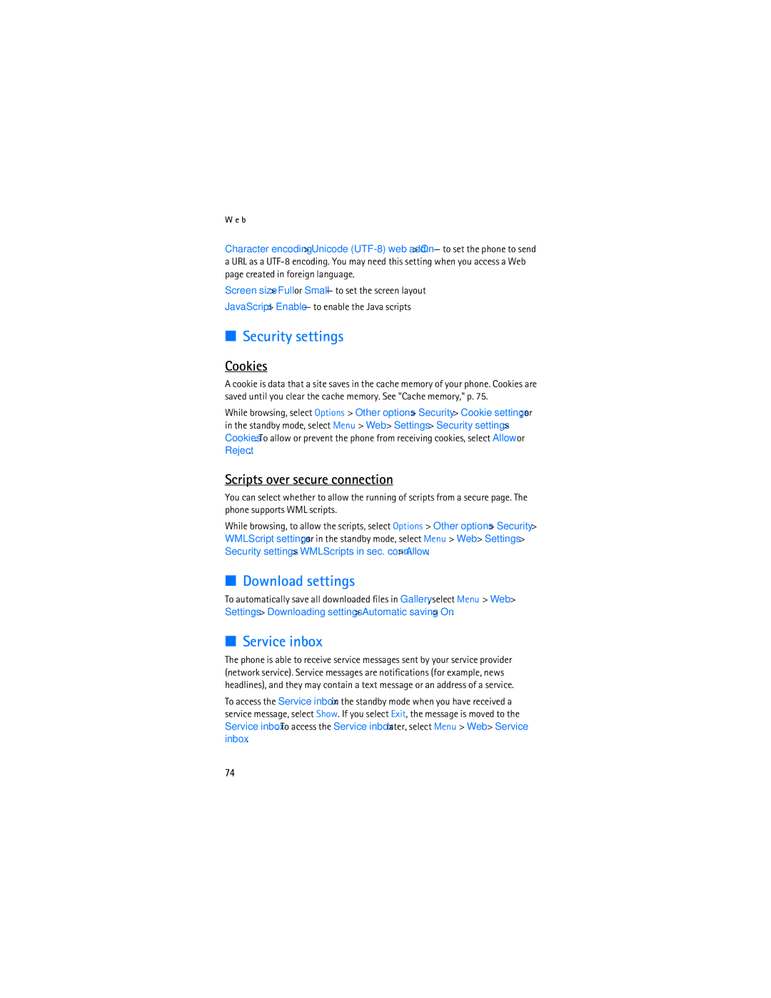 Nokia 6126, 6133b manual Security settings, Download settings, Service inbox, Cookies, Scripts over secure connection 