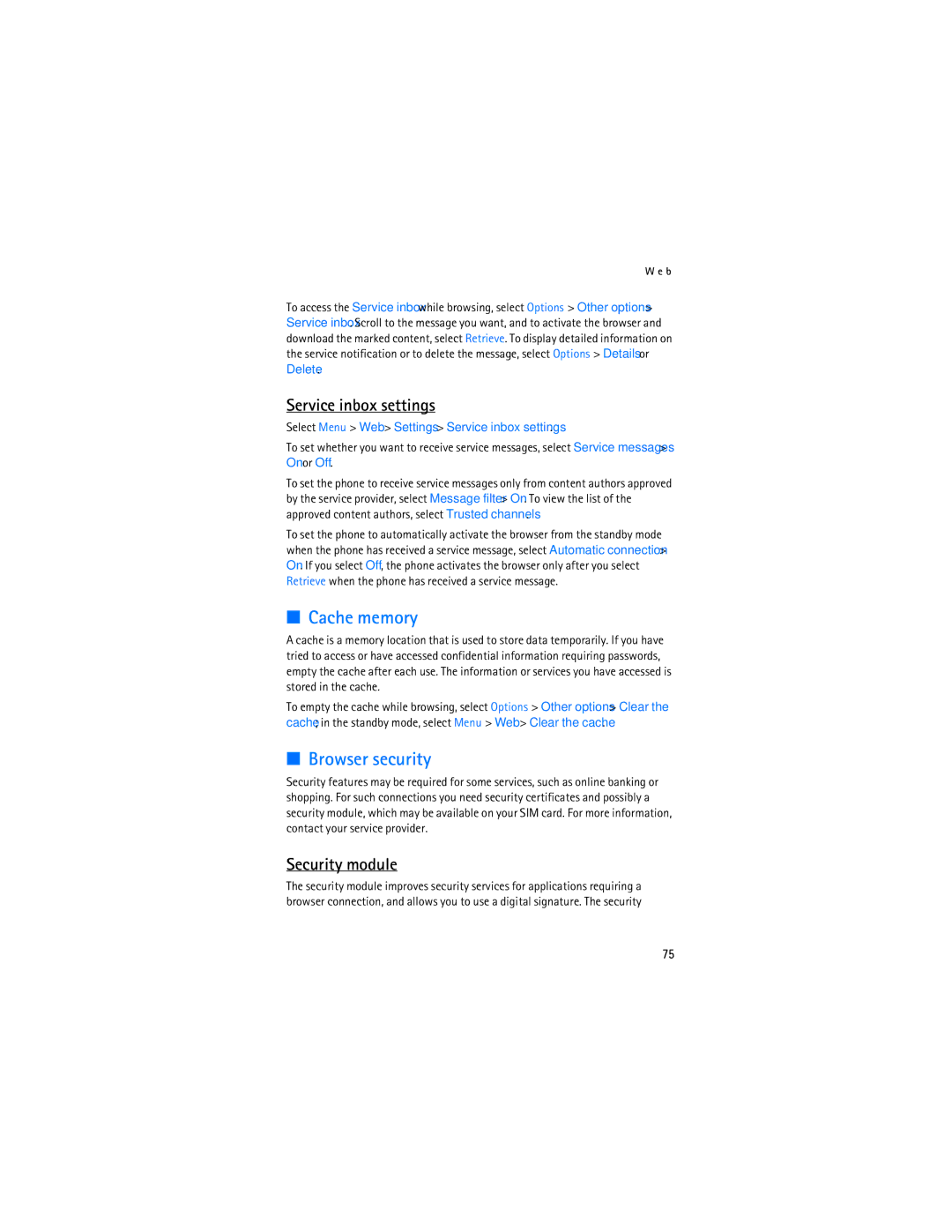 Nokia 6133b, 6126 manual Cache memory, Browser security, Service inbox settings, Security module 