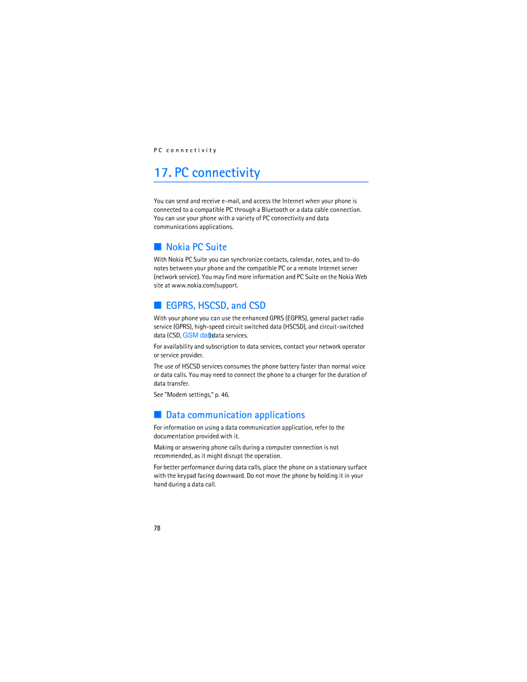 Nokia 6126, 6133b manual PC connectivity, Nokia PC Suite EGPRS, HSCSD, and CSD, Data communication applications 