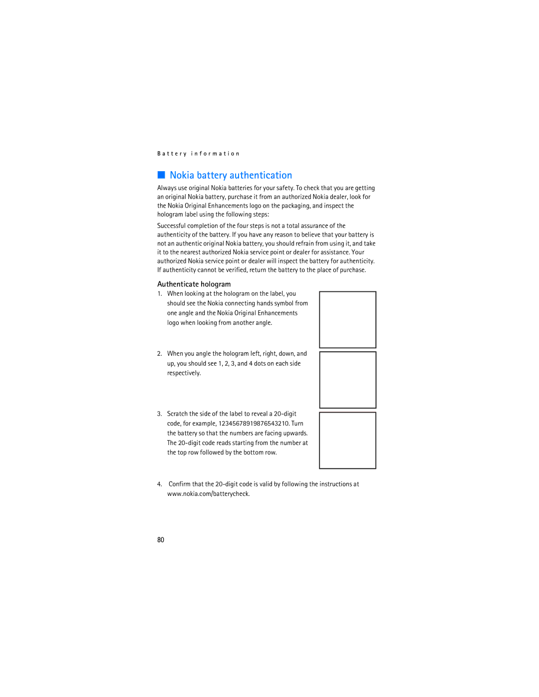 Nokia 6126, 6133b manual Nokia battery authentication, Authenticate hologram 