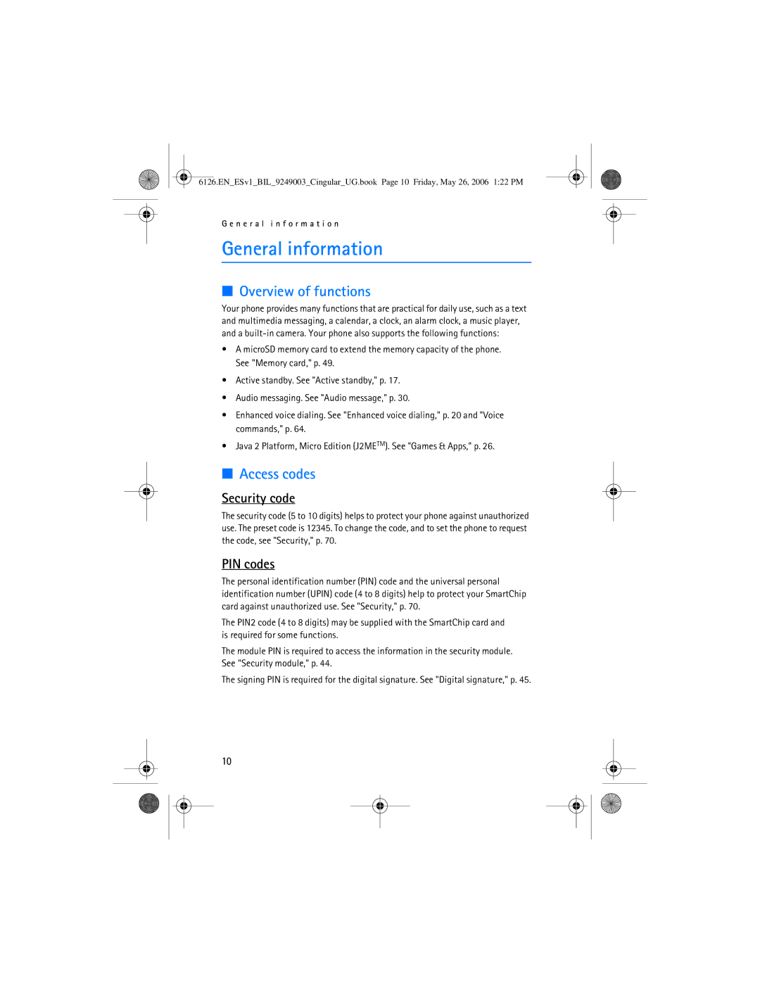 Nokia 6126 manual General information, Overview of functions, Access codes, Security code, PIN codes 