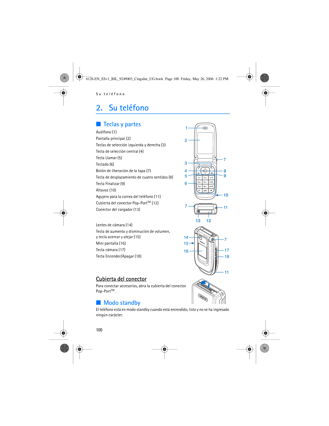 Nokia 6126 manual Su teléfono, Teclas y partes, Modo standby, Cubierta del conector, 100 