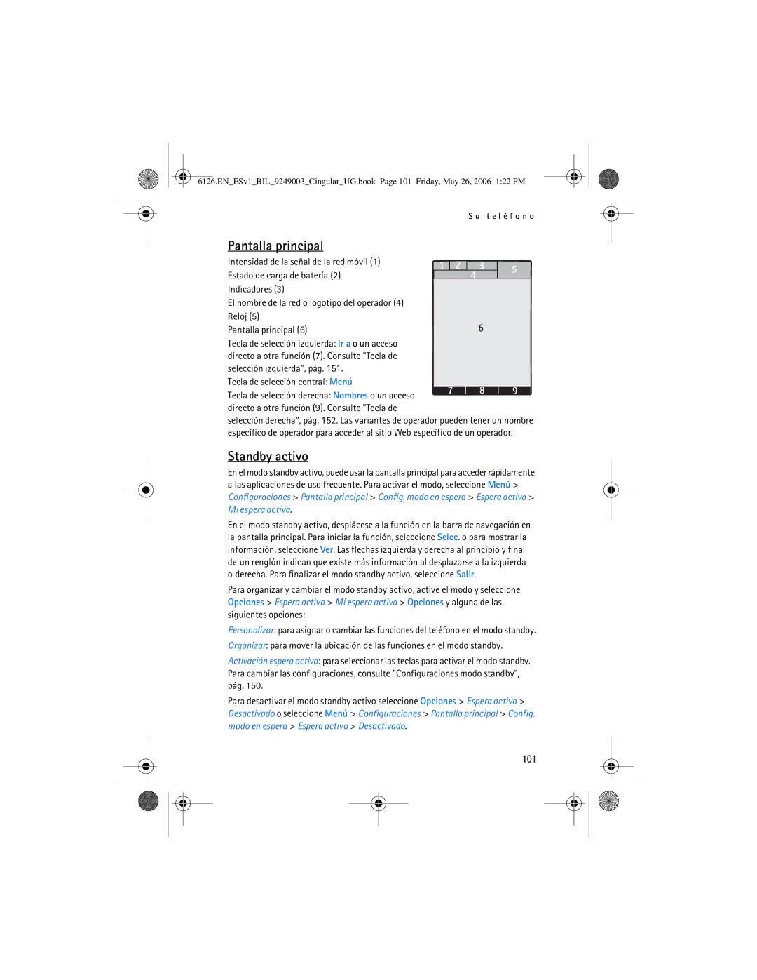 Nokia 6126 manual Pantalla principal, Standby activo, 101, Tecla de selección central Menú 
