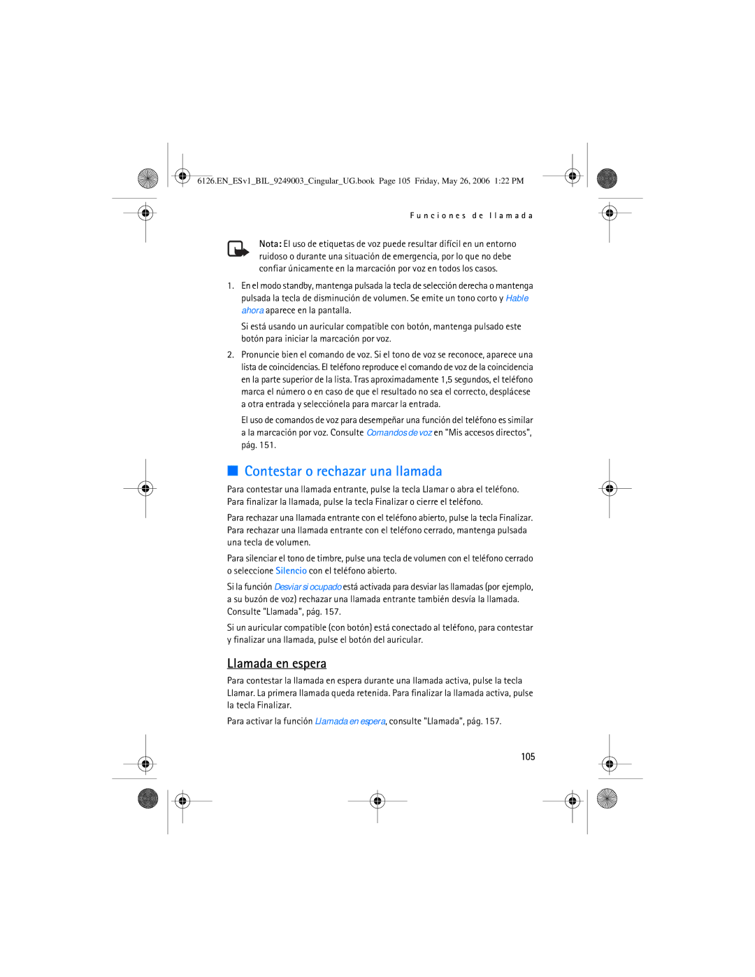 Nokia 6126 manual Contestar o rechazar una llamada, Llamada en espera, 105 