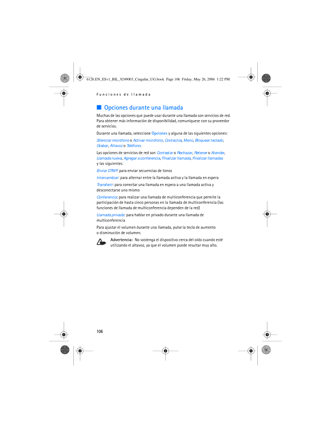 Nokia 6126 manual Opciones durante una llamada, 106 