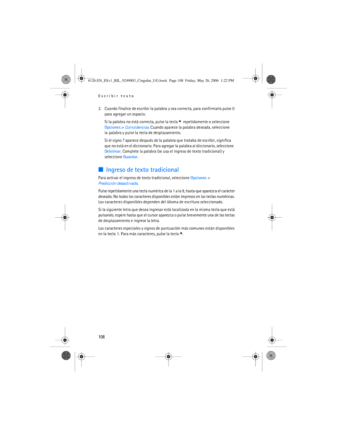 Nokia 6126 manual Ingreso de texto tradicional, 108 