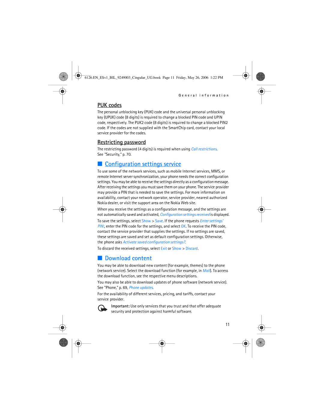 Nokia 6126 manual Configuration settings service, Download content, PUK codes, Restricting password 