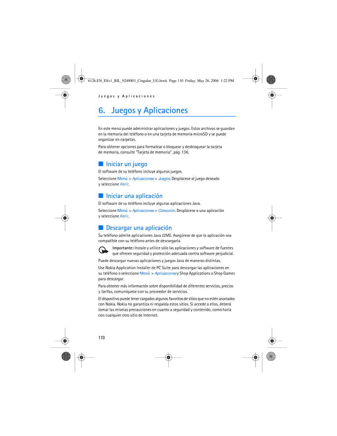 Nokia 6126 manual Juegos y Aplicaciones, Iniciar un juego, Iniciar una aplicación, Descargar una aplicación, 110 