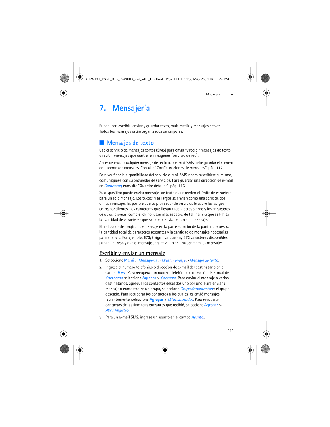 Nokia 6126 manual Mensajería, Mensajes de texto, Escribir y enviar un mensaje, 111 