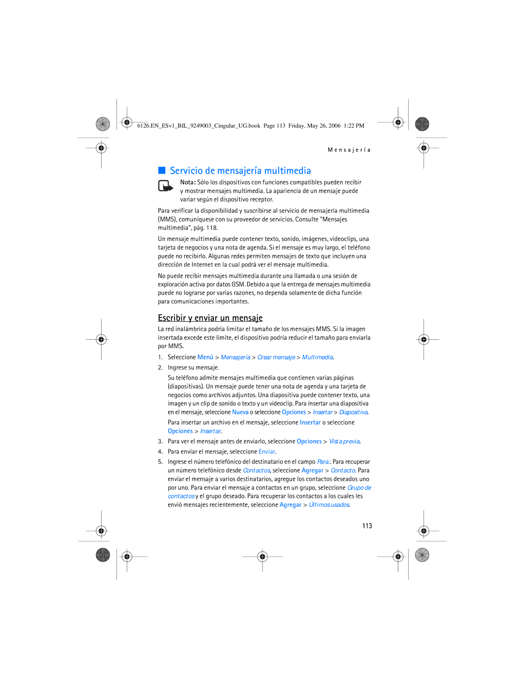 Nokia 6126 Servicio de mensajería multimedia, 113, Seleccione Menú Mensajería Crear mensaje Multimedia, Ingrese su mensaje 